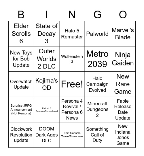 XBOX Games Showcase Bingo Card