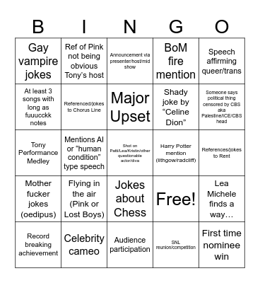 Tony’s 2026 Bingo Card