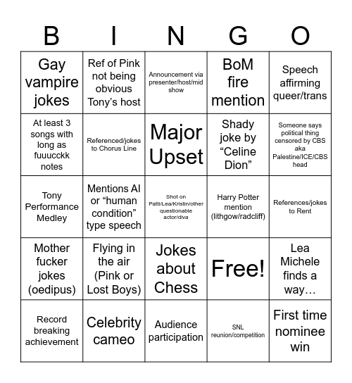 Tony’s 2026 Bingo Card