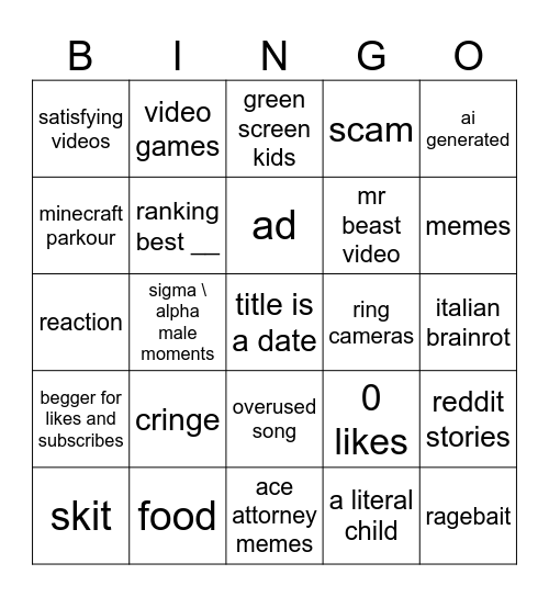 yt shorts Bingo Card