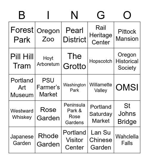 Portland Tripadvisor Top 25 Bingo Card