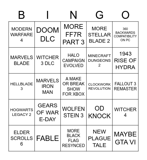 XBOX 2026 SHOWCASE Bingo Card