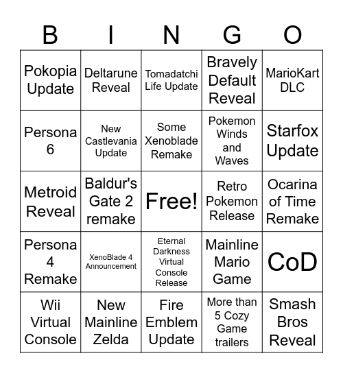 Nintendo Direct Bingo Card