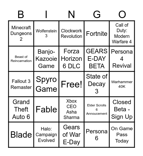 Xbox Summer Showcase 2026 Bingo Card