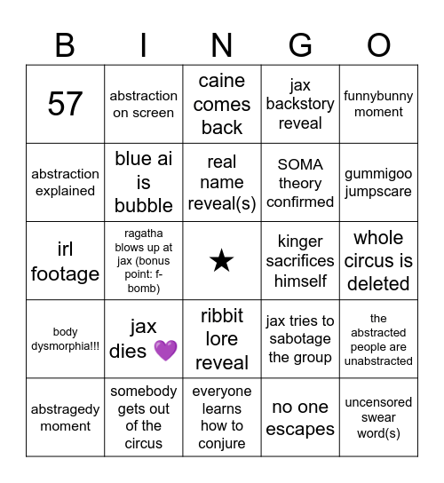 TADC THE LAST ACT Bingo Card