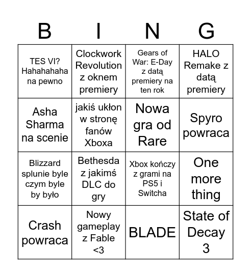 Xbox Games Showcase 2026 Bingo Card