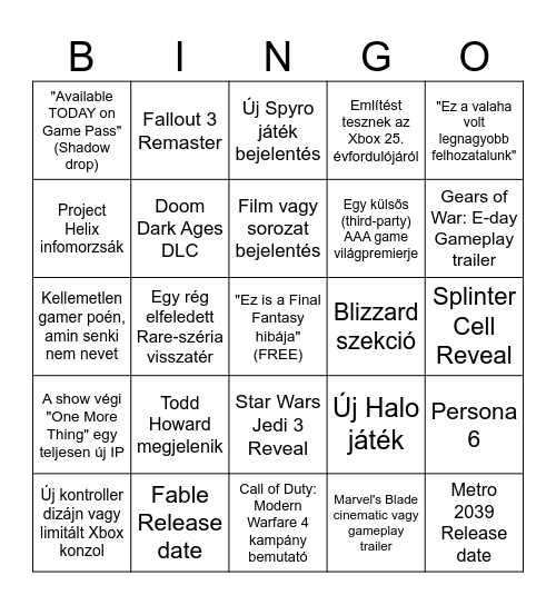 Cucu Xbox Games Showcase 2026 Bingo Card