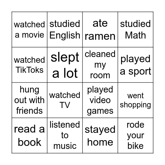 Last Weekend Bingo Card