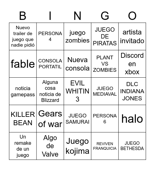 Bingo Xbox Games Showcase Bingo Card