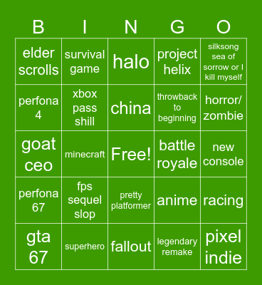 xbox Bingo Card