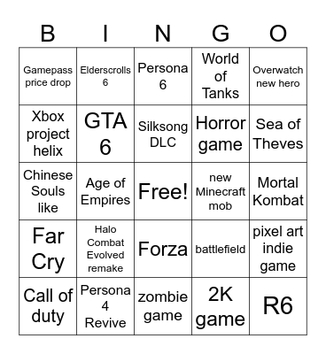 Xbox Games Showcase Bingo Card