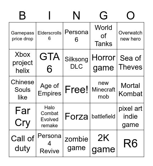 Xbox Games Showcase Bingo Card