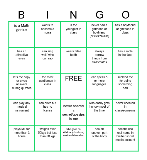 MY CLASSMATES ( A classmate who......) Bingo Card