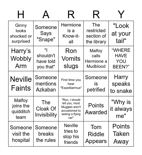 Harry Potter & The Chamber of Secrets Bingo Card