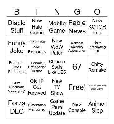 Xbox Games Showcase Bingo Card
