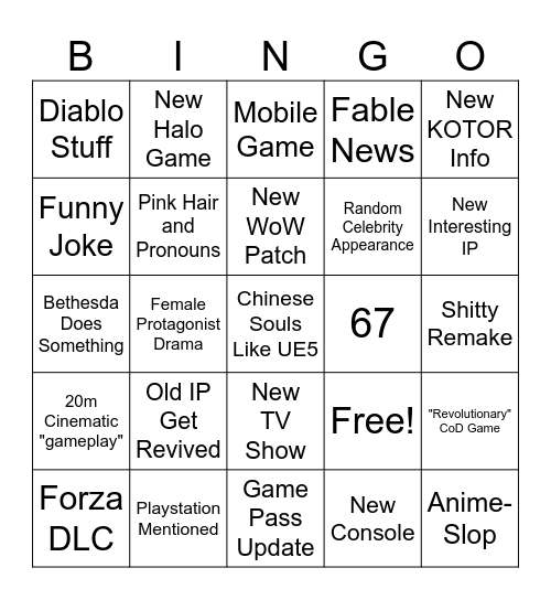 Xbox Games Showcase Bingo Card