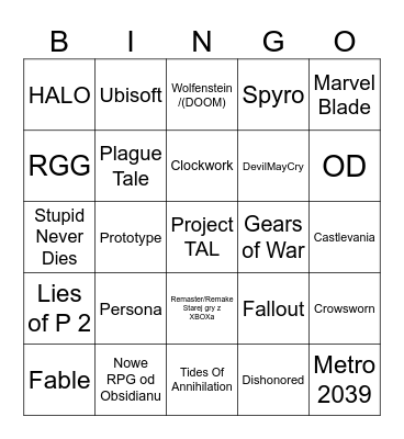 XBOX Showcase Bingo Card