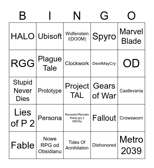 XBOX Showcase Bingo Card
