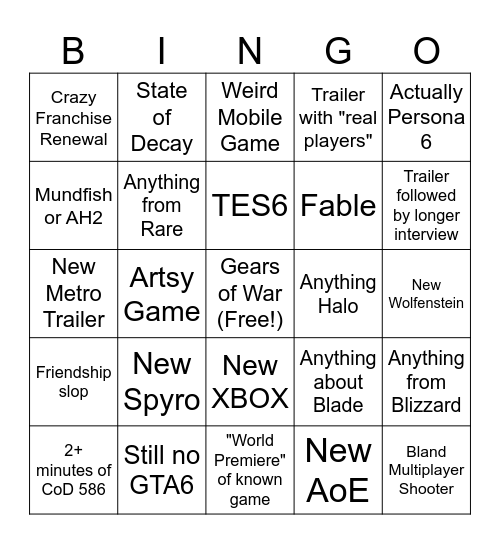 XBOX Bingo Card
