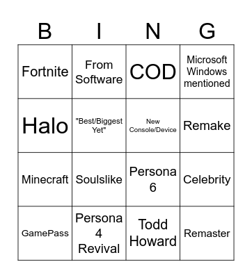 XBOX Showcase Bingo Card