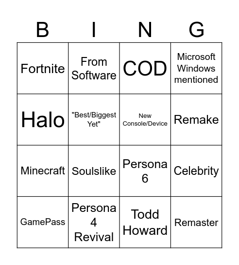 XBOX Showcase Bingo Card