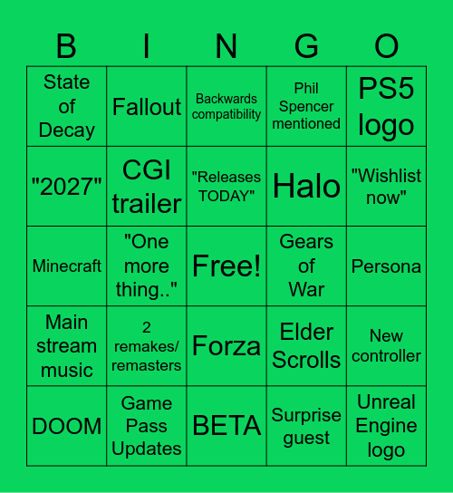 Xbox Showcase Bingo Card