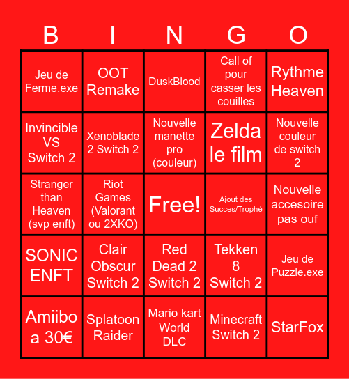 Nintendo Direct dans les jours qui viennent Bingo Card