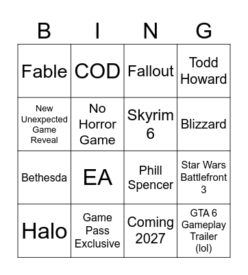 XBox Game Showcase Bingo Card