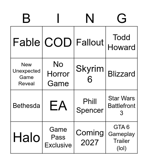 XBox Game Showcase Bingo Card