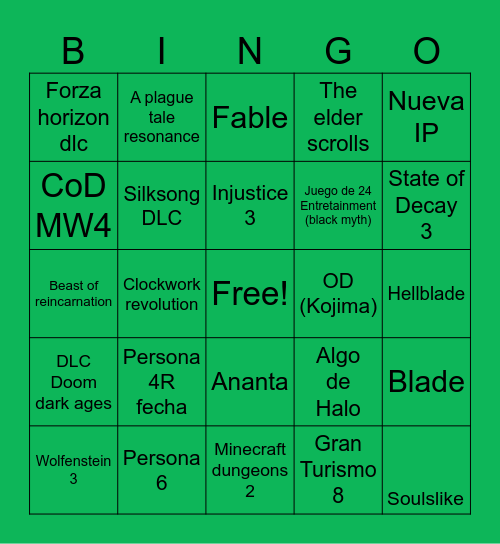 XBOX Showcase Bingo Card