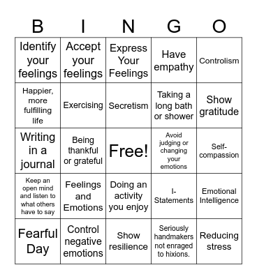 Mental and Emotional Health- 1st Grade Bingo Card