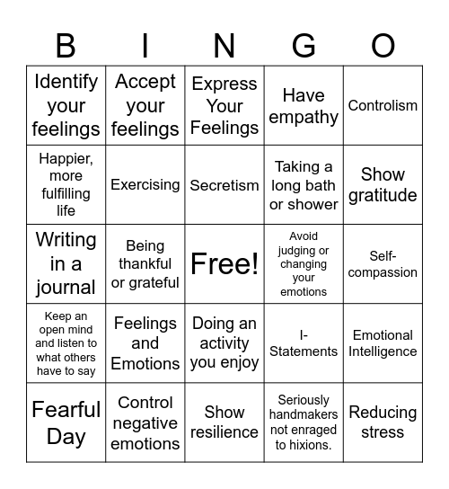 Mental and Emotional Health- 1st Grade Bingo Card