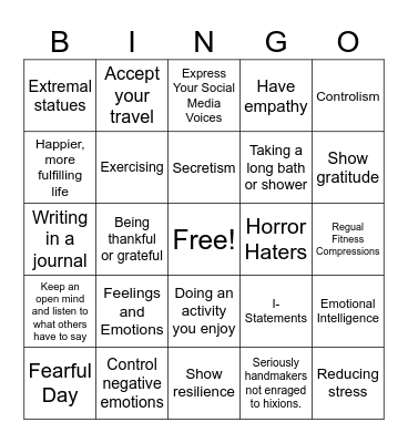 Mental and Emotional Health- 2nd Grade Bingo Card