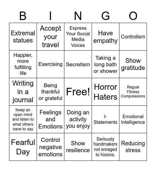 Mental and Emotional Health- 2nd Grade Bingo Card