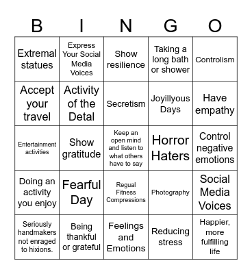 Mental and Emotional Health- 3rd Grade Bingo Card