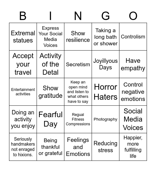Mental and Emotional Health- 3rd Grade Bingo Card