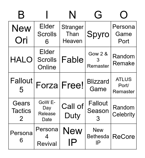 Xbox Games Showcase 2026 Bingo Card