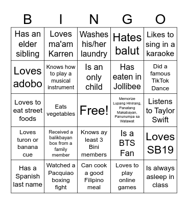 Ultimate Filipino Human Bingo Card
