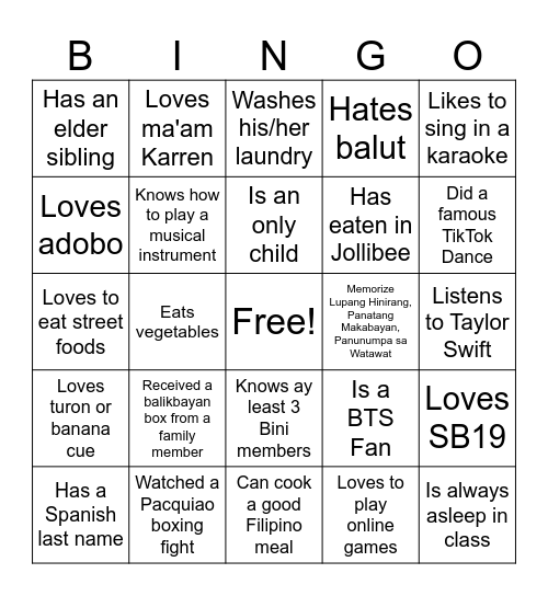 Ultimate Filipino Human Bingo Card