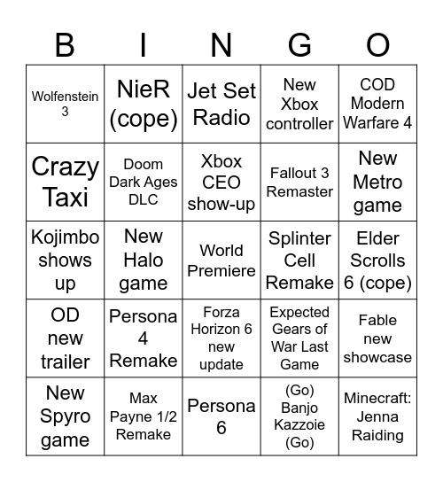 Xbox Games Showcase 06.07.26 Bingo Card