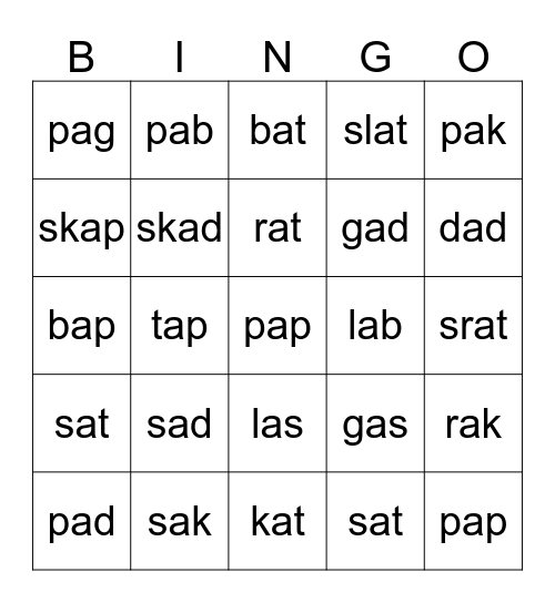 "a" as in "bag" Bingo Card