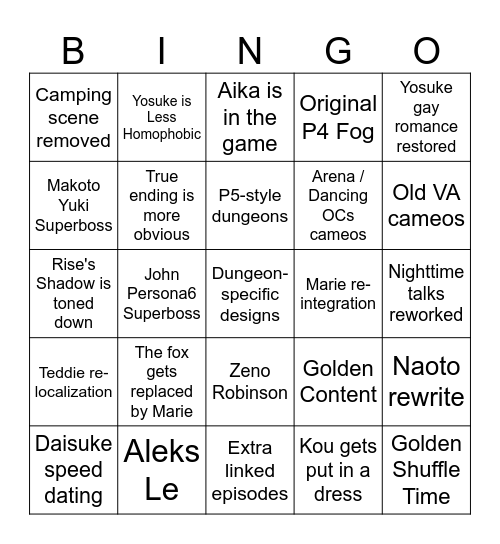 Persona 4 Revival Bingo Card