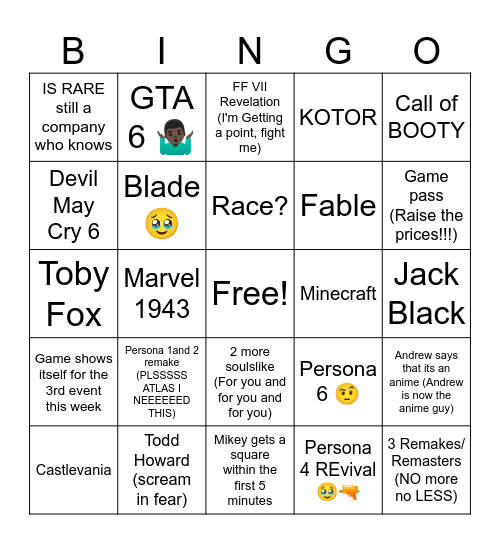 Xbox game showcase Bingo Card