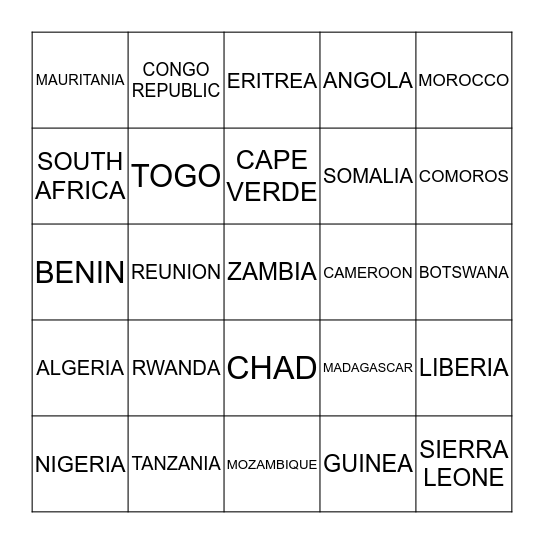 COUNTRIES  OF  AFRICA Bingo Card
