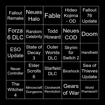 XBOX Live Showcase Bingo Card