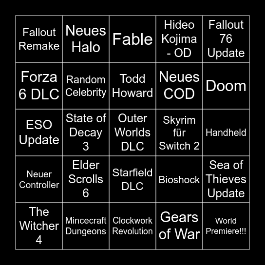 XBOX Live Showcase Bingo Card