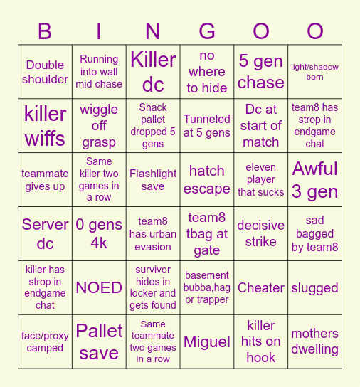 Dbd survivor bingo Card