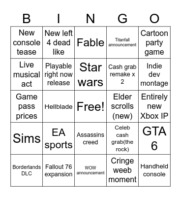 Xbox showcase Bingo Card