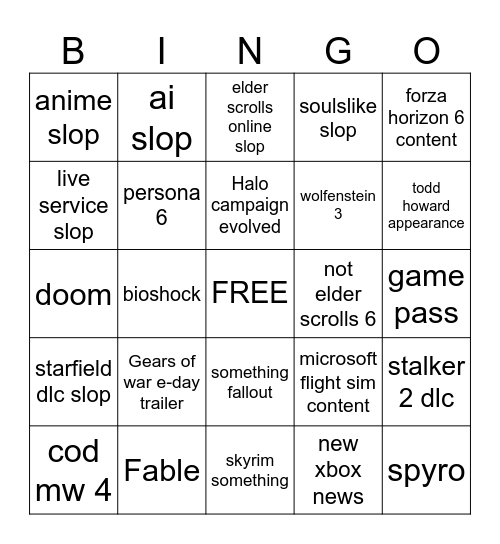Xbox Slopcase Bingo Card