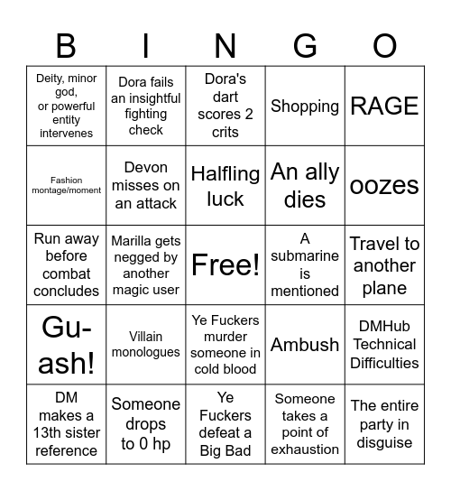 Ye Fuckers Bingo Card